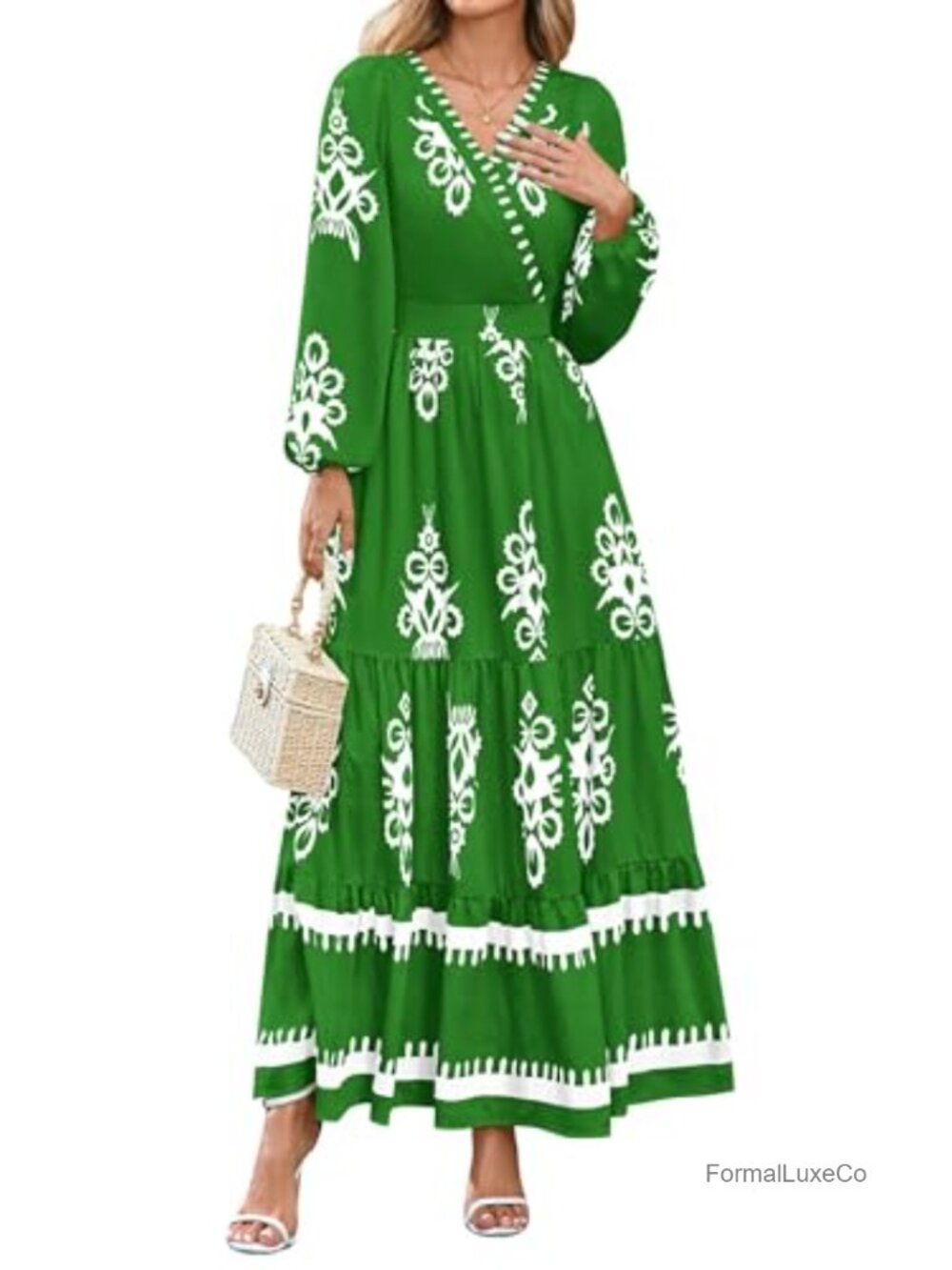 Long Sleeve Floral Boho Maxi Dress V-Neck Smocked Wedding Guest